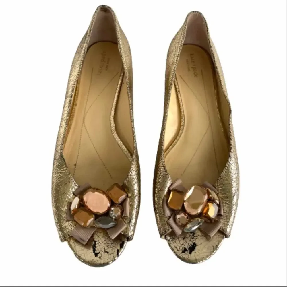 Kate Spade New York Cracked Gold Rhinestone Peep Toe Flats Size 9